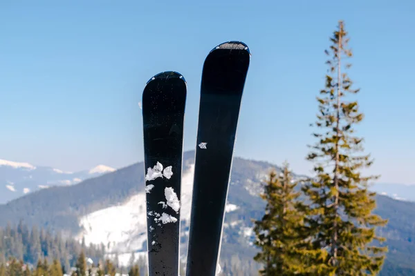 pair of skis on snow hill mountain, winter alpine ski resort, extreme sport holiday and beautiful winter Carpathian mountain panoramic scenic view.outdoor nature landscape, Ukraine, Europe.