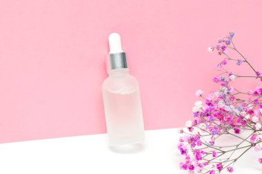 Blank white glass dropper bottle packaging with aromatic oil or serum,water drops,little flowers twig on pink background.Natural organic Spa Cosmetic product design mockup.Front.flat lay,copy space