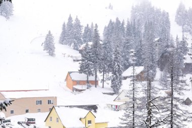 Aerial view ski slope,spruce pine trees,modern wooden village rural house,hotels covered in snow in winter forest mountains,nature.Calm countryside. Alpine ski resort,Carpathians mountains,Dragobrat.