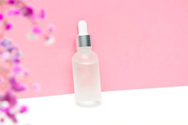 Blank white glass dropper bottle packaging with aromatic oil or serum,water drops,little flowers twig on pink background.Natural organic Spa Cosmetic product design mockup.Front.flat lay,copy space
