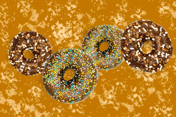 Flying falling levitating floating brown sweet sugar glazed doughnuts,tasty donuts in air on spotted painted abstract background.Creative dessert food.Trendy,healthy unhealthy nutrition,mockup