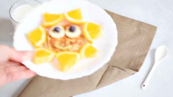 Funny Sun Face Shape Snack Pancake Orange Plate Cute Kids — Stock Video