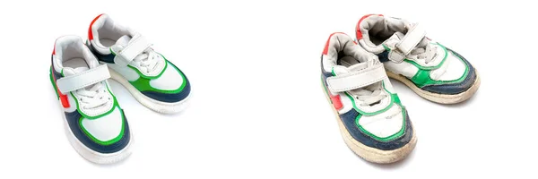 Nya Och Gamla Smutsiga Ruinerade Par Baby Sneakers Isolerade Vit — Stockfoto