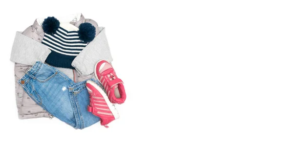 Chaleco Jersey Cálido Suéter Pantalones Vaqueros Gorra Punto Sneakers Baby —  Fotos de Stock