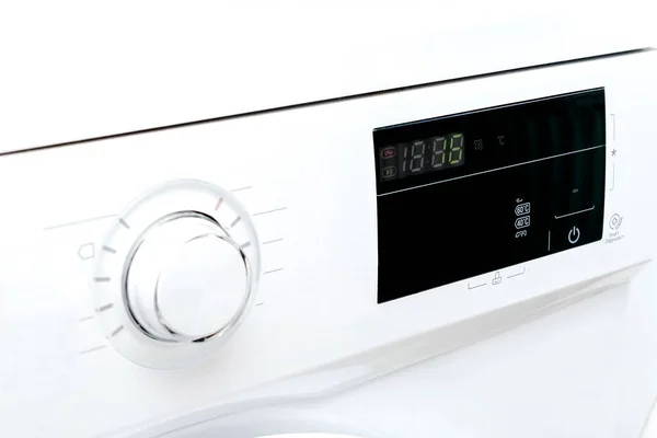 Modern Automatisk Vit Tvättmaskin Rund Ytterdörr Gränssnitt Elektronisk Digital Display Stockfoto