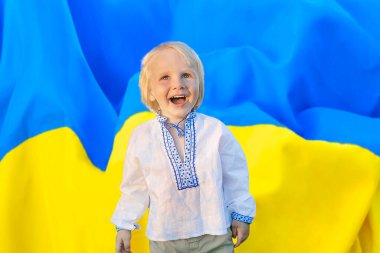 Cute little happy smiling laughing blond child kid boy in embroidered shirt in front of Ukrainian blue and yellow colors flag.national culture, Independence,Flag,Constitution,Kiev day.glory to Ukraine