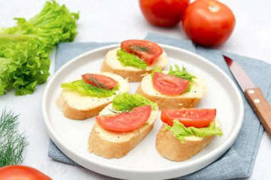 Yumuşak beyaz peynirli sandviç tostu, taze domates, fesleğen yeşili. Lezzetli sağlıklı vejetaryen yemekleri, İtalyan mutfağı aperatifleri. Üst görünüm düzlüğü.