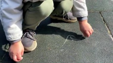 Küçük çocuk sokak parkında beton yola tebeşir çiziyor. Bebekler sol elle resim yapar. Çocuklar için yaratıcı açık hava aktivitesi, gelişim, çocuk yuvası, anaokulu..