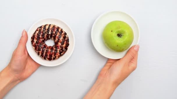 Woman Holding Hands Green Apple Delicious Sweet Sugary Doughnut Dessert — Stock Video