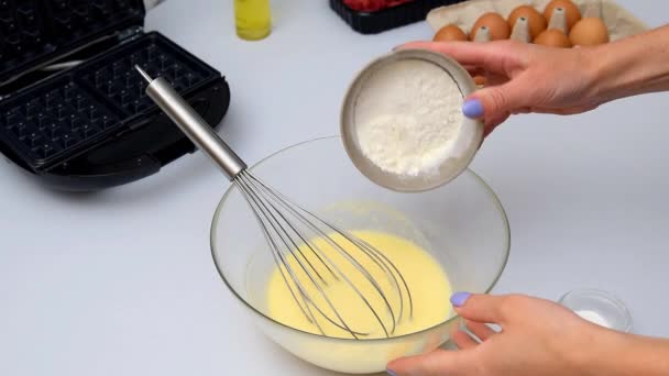 Woman Chef Mixing Flour Eggs Whisk Cooking Dough Baking Waffles — Stock Video