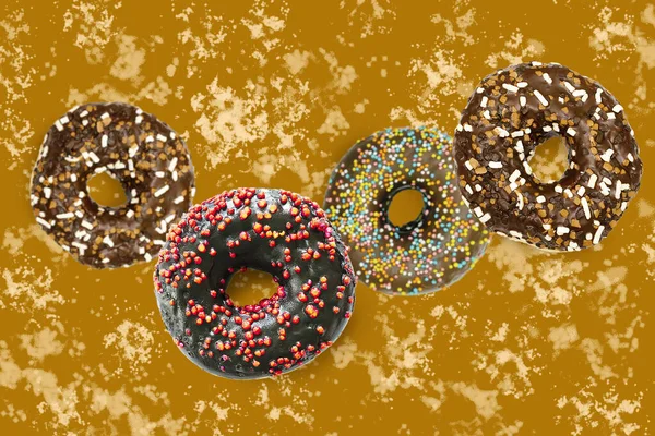 Flying falling levitating floating brown sweet sugar glazed doughnuts,tasty donuts in air on spotted painted abstract background.Creative dessert food.Trendy,healthy unhealthy nutrition,mockup
