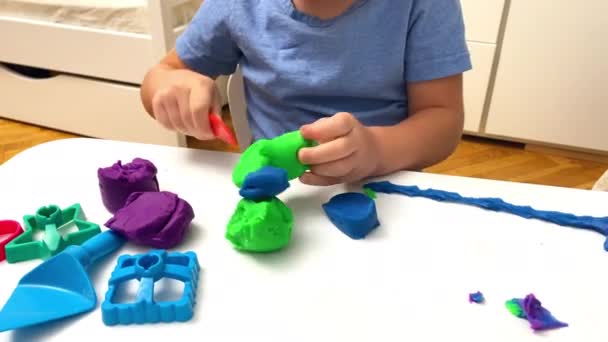 Menino Criança Brincando Casa Moldagem Plasticina Colorida Kid Esculpe Com — Vídeo de Stock