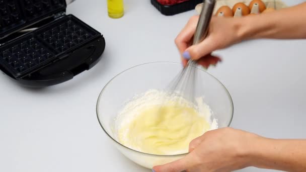 Woman Chef Mixing Flour Whisk Cooking Dough Baking Waffles Pancakes — Stock Video