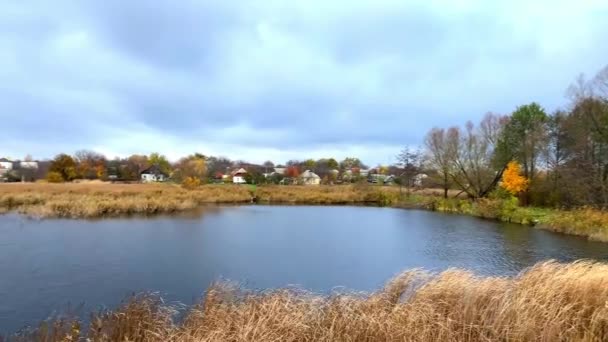 田舎の農村地域で青い水と川の景色穏やかな静かなパノラマビュー民家 曇りの春の日に自然の郊外の風景 — ストック動画