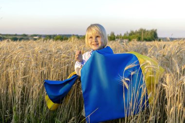 Süslü tişörtlü, buğday tarlasında Ukrayna ulusal mavi bayrağı taşıyan sevimli küçük çocuk. Bağımsızlık, Bayrak, Anayasa, Kiev Günü.