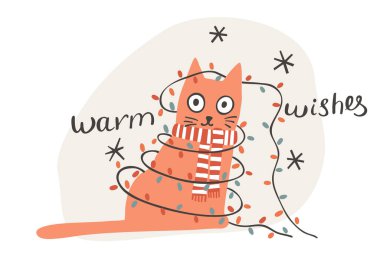 İçinde Noel ışıklarıyla süslenmiş eşarplı komik kızıl bir kedi olan Noel kartı.