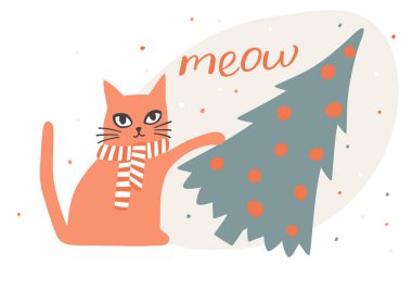 Noel kartı, atkılı kızıl kedi ve düşen Noel ağacı.
