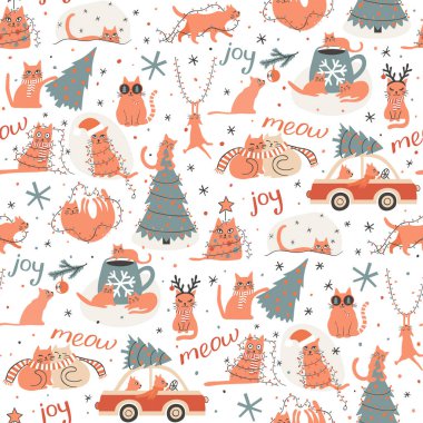 Seamless Christmas pattern with ginger cats  clipart