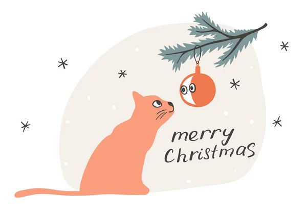 圣诞贺卡上有一只生姜猫看着他在圣诞装饰品中的倒影 — 图库矢量图片