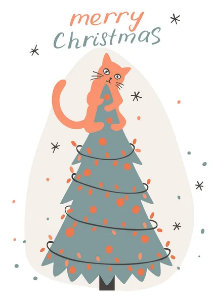 圣诞树上坐着生姜猫的圣诞卡 — 图库矢量图片