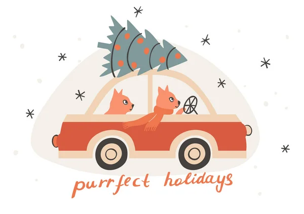 クリスマスカードとともにジンジャー猫屋根の上に縛らクリスマスツリーとレトロな車の中でクリスマスのために家に帰る — ストックベクタ