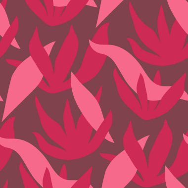 Abstract floral seamless pattern with pink wavy leaves and plants