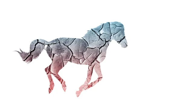Correndo Silhueta Cavalo Dupla Exposição Chão Rachado Símbolo Liberdade Primeval — Fotografia de Stock