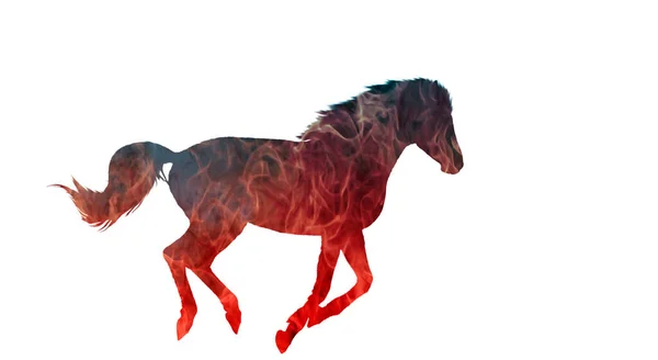 Correndo Silhueta Cavalo Dupla Exposição Fogo Símbolo Liberdade Primeva — Fotografia de Stock