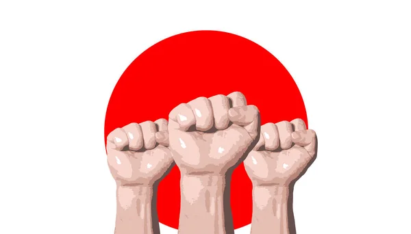 fists raised up against the background of the red sun on a white background, protest