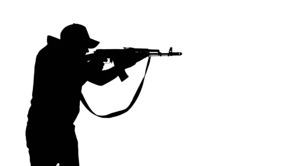 Miliciano Com Uma Metralhadora Silhueta Conflito Militar Terrorismo — Fotografia de Stock