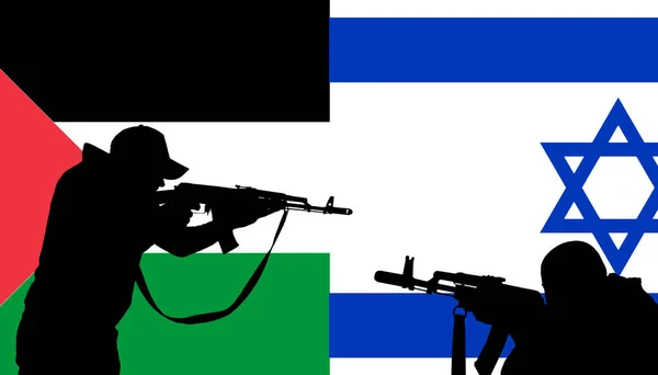 stock image silhouettes of Israeli and Palestinian soldiers pointing machine guns at each other, military conflict, terrorism