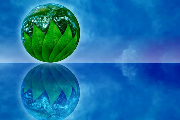 stock image Green leaves cover half a green planet in a blue sky.