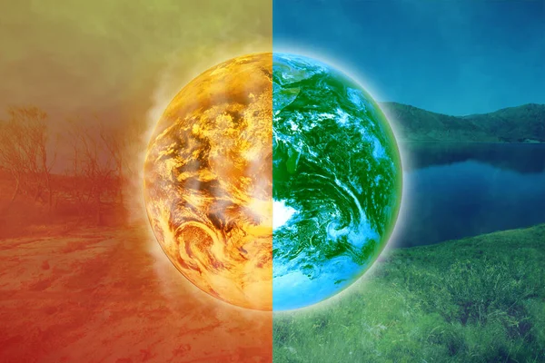 Planeta Ziemia Podzielona Dwie Części Ukazujące Dwa Skrajne Skutki Zarządzania — Zdjęcie stockowe