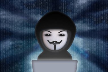 A masked scammer accesses data to download to use illegally. Guy Fawkes mask representation.