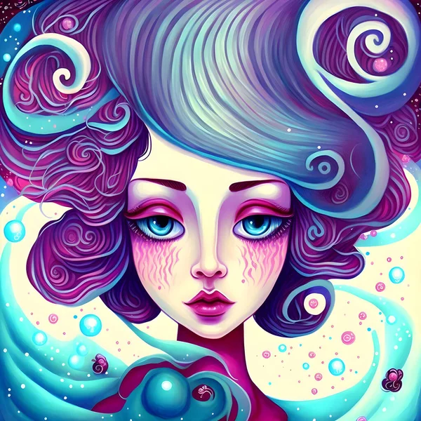Dívka Krásnými Modrými Vlasy Velkým Účesem Vlnami Ručně Kreslený Znak — Stock fotografie