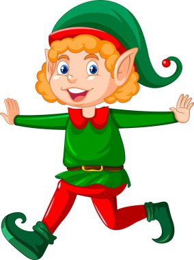 Elf kostümü giymiş şirin çocuk. Çizgi film çizimi.