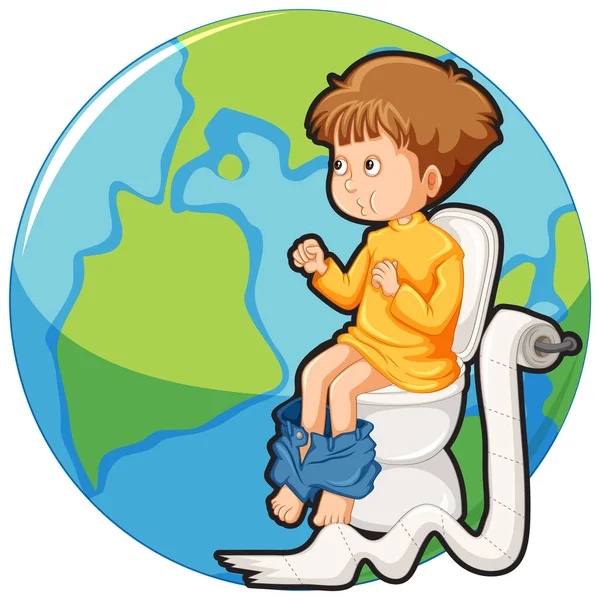 Kid Sitting Toilet Earth Icon Illustration — стоковый вектор