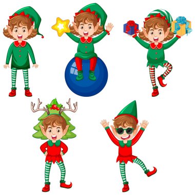 Elf kostümü giyen sevimli çocuk çizgi film çizimi