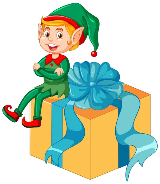 Boże Narodzenie Elf Siedzi Ilustracji Pudełko — Wektor stockowy