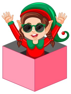 Elf kostümü giymiş şirin çocuk. Çizgi film çizimi.