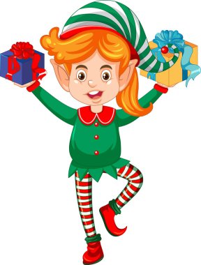 Elf kostümü giymiş şirin çocuk. Çizgi film çizimi.