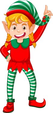 Elf kostümü giymiş şirin çocuk. Çizgi film çizimi.