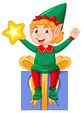 Elf kostümü giymiş şirin çocuk. Çizgi film çizimi.