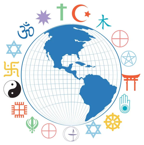 Religieuze Symbolen Rond Aarde Planeet Illustratie — Stockvector
