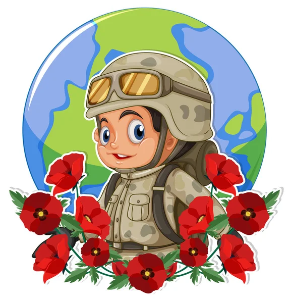 Soldato Con Papavero Cartone Animato Personaggio Illustrazione — Vettoriale Stock