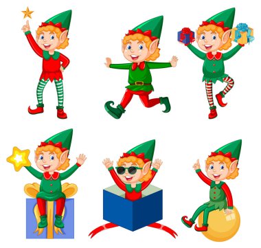 Elf kostümü giymiş şirin çocuk. Çizgi film çizimi.