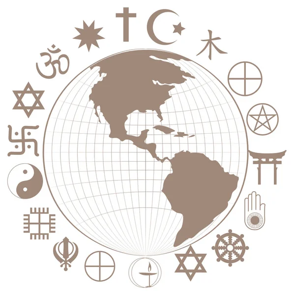Símbolos Religiosos Torno Terra Ilustração Planeta — Vetor de Stock