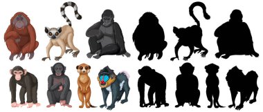 Set of cartoon animals with silhouette illustration