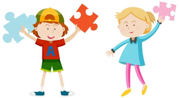 Kids Holding Pieces Jigsaw Puzzle Illustration — Stock Vector