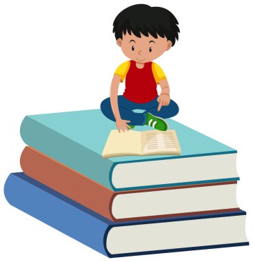 Pile of books with a boy character illustration